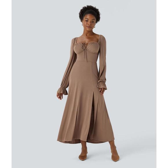 Halara Dresses & Skirts - NWT Halara Square Neck Tie Front Flounce Long Sleeve Hem Midi Dress Beaver Fur M